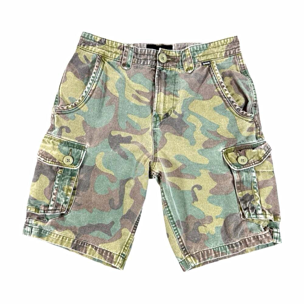 Vintage Y2K Hurley Men’s Camo Cargo Shorts Cotton Canvas Front Button Closure